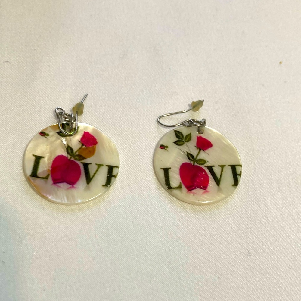 80’sAlbacore dangle earrings have a rice paper transfer image of red flower.